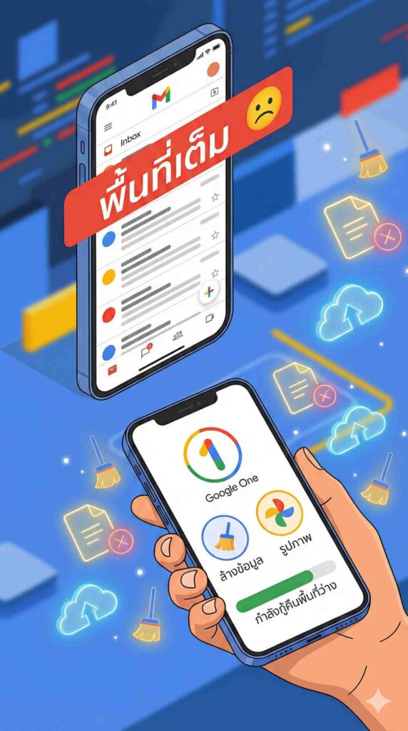 กราฟิกแสดงปัญหา Gmail เต็มทำให้รับรหัสยืนยันตัวตนจากแอปไม่ได้ และวิธีลบอีเมลเก่าจำนวนมากบนมือถือเพื่อแก้ปัญหา