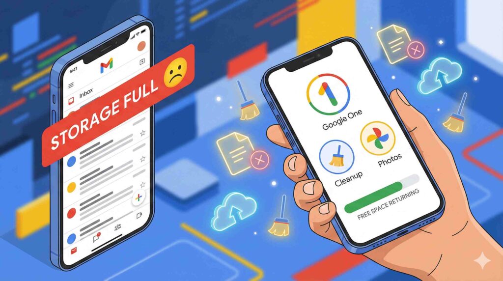 กราฟิกเปรียบเทียบหน้าจอแจ้งเตือน Gmail เต็ม กับวิธีการใช้แอป Google One เพื่อล้างพื้นที่บนมือถือ